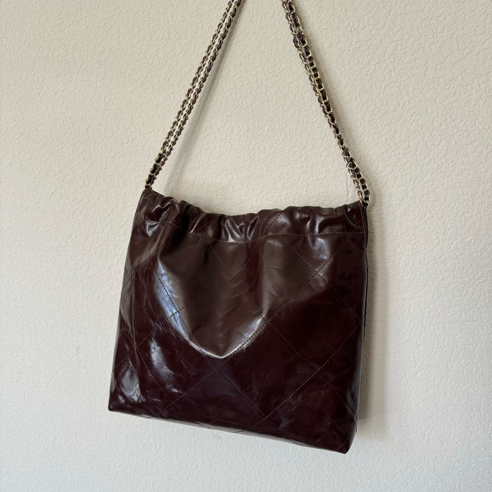 Brown Oiled Shiny Quilted Leather 22 Gathered Hobo Chain Tote w/ Gold HW B8